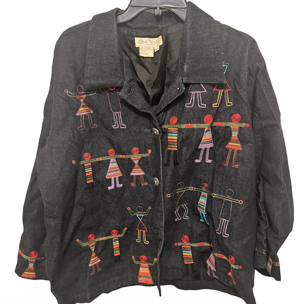 Great Cavalier By St Paul Preowned Colorful Embroidered Black Denim Jacket